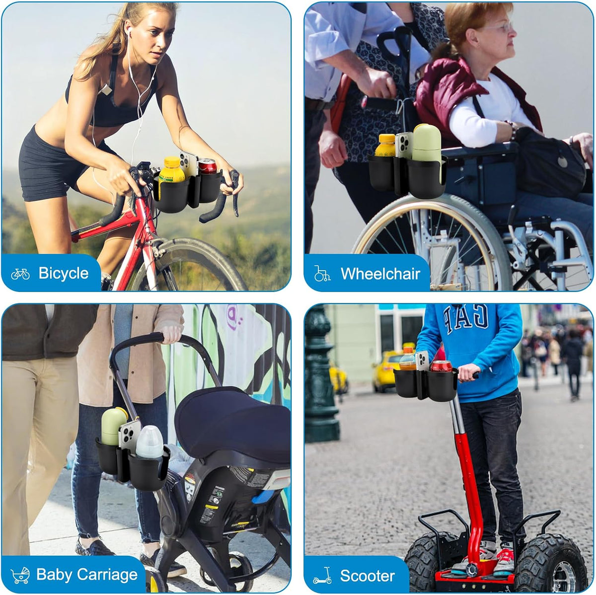 Stroller Cup Holder with Phone Holder, Bike Cup Holder, Universal Cup Holder for Uppababy Nuna Strollers, 2-in-1 Drinks Holder for Walker, Wheelchair, Scooter - Colors B