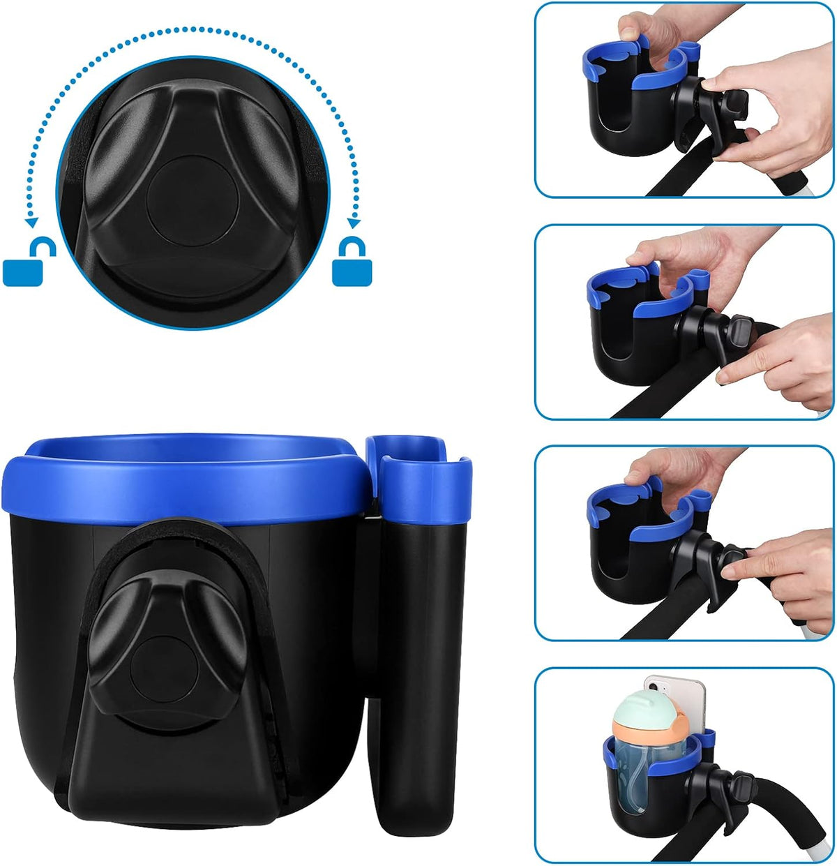 Stroller Cup Holder with Phone Holder, Bike Cup Holder, Universal Cup Holder for Uppababy Nuna Strollers, 2-in-1 Drinks Holder for Walker, Wheelchair, Scooter - Colors B