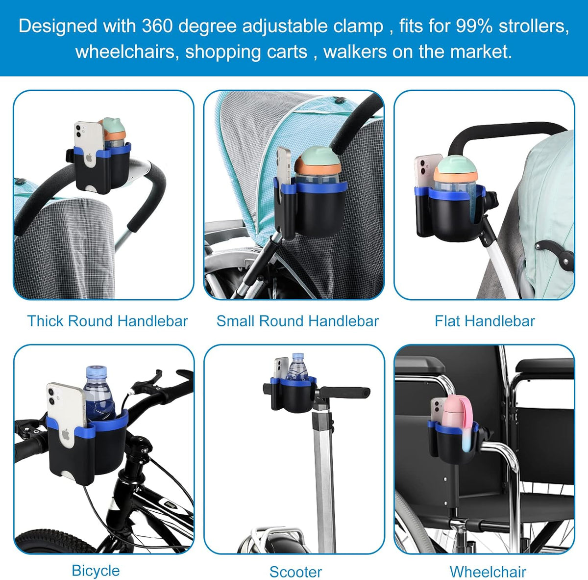 Stroller Cup Holder with Phone Holder, Bike Cup Holder, Universal Cup Holder for Uppababy Nuna Strollers, 2-in-1 Drinks Holder for Walker, Wheelchair, Scooter - Colors B