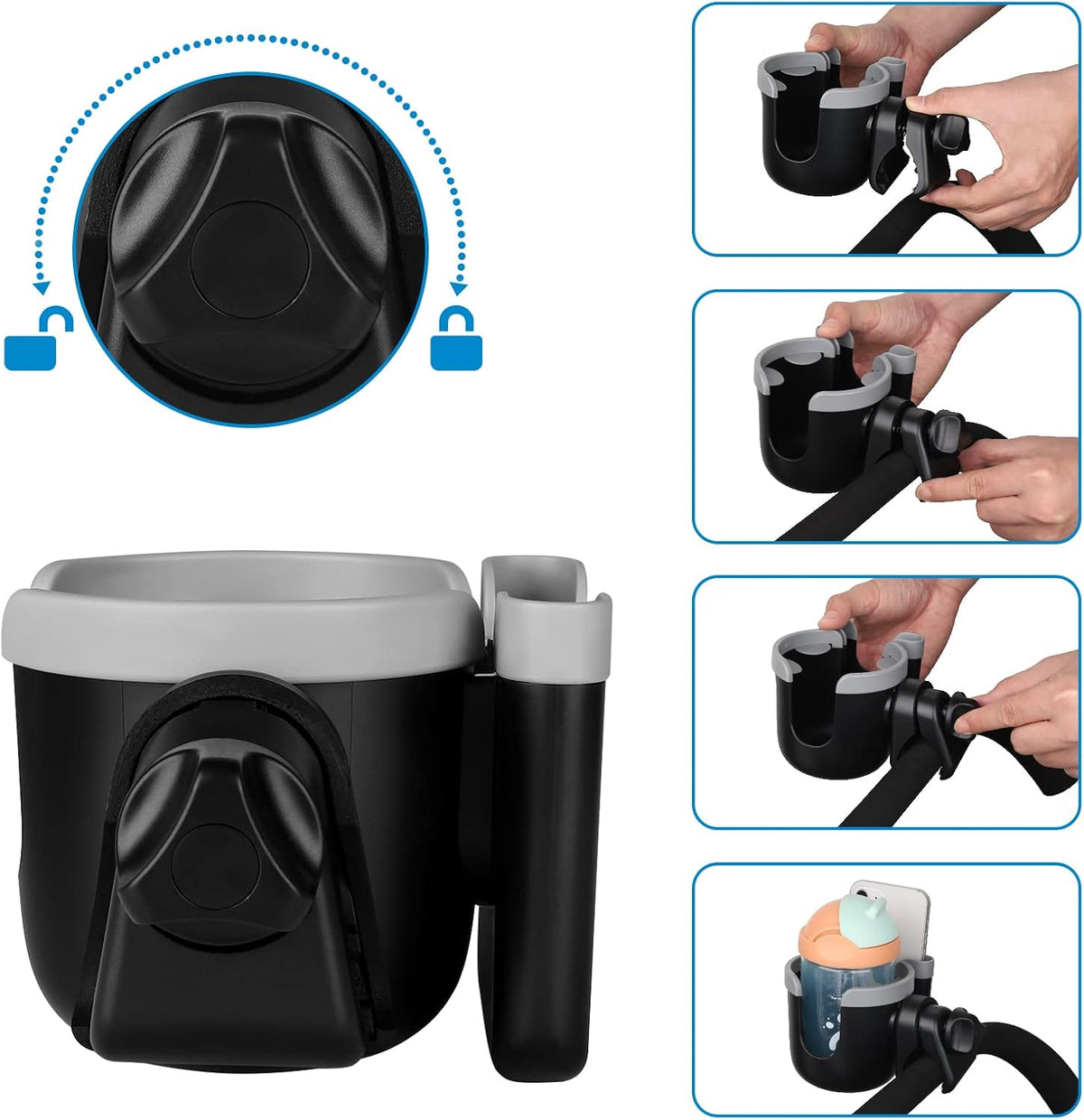 Stroller Cup Holder with Phone Holder, Bike Cup Holder, Universal Cup Holder for Uppababy Nuna Strollers, 2-in-1 Drinks Holder for Walker, Wheelchair, Scooter - Colors B