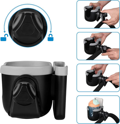 Stroller Cup Holder with Phone Holder, Bike Cup Holder, Universal Cup Holder for Uppababy Nuna Strollers, 2-in-1 Drinks Holder for Walker, Wheelchair, Scooter - Colors B
