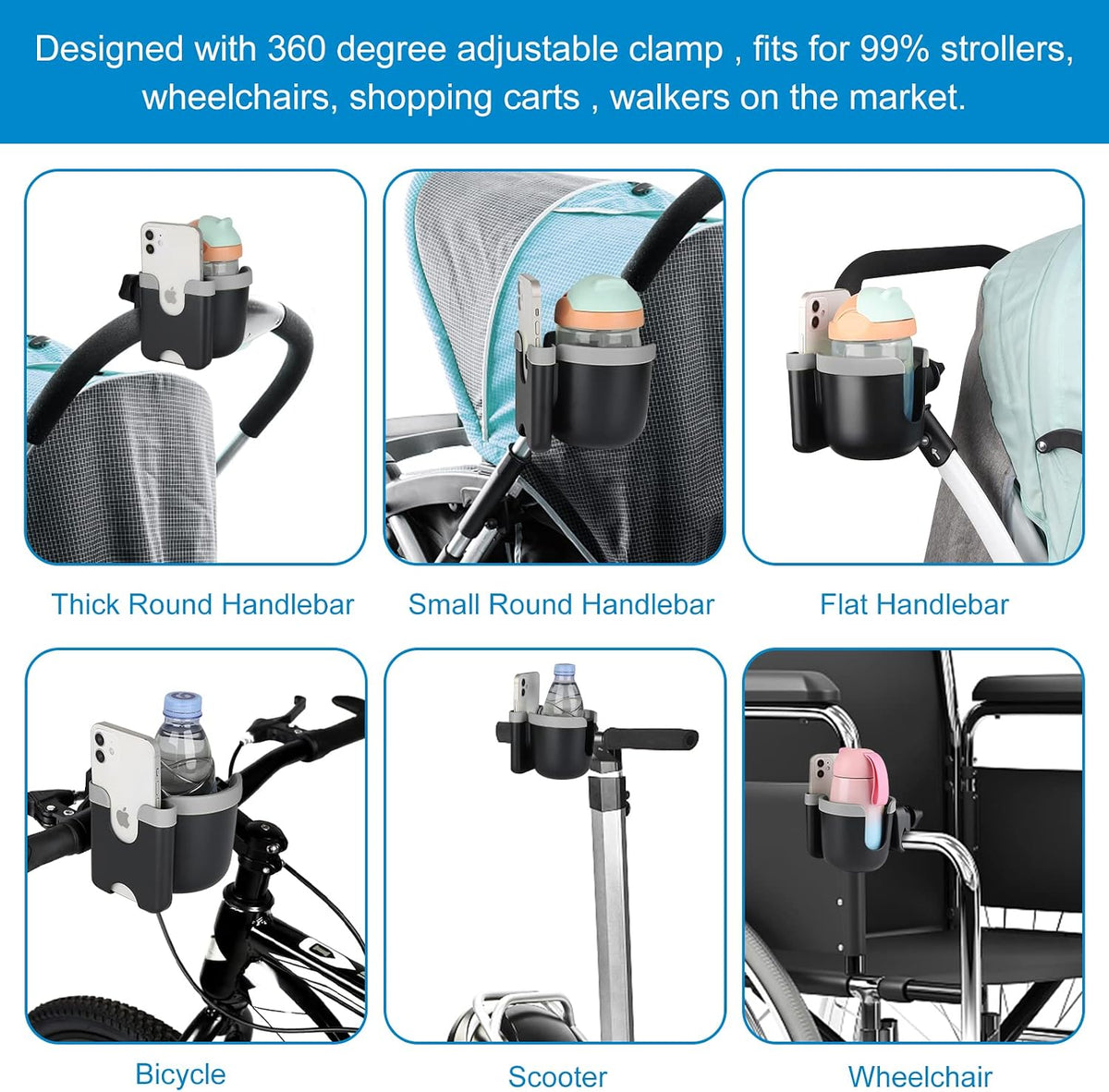 Stroller Cup Holder with Phone Holder, Bike Cup Holder, Universal Cup Holder for Uppababy Nuna Strollers, 2-in-1 Drinks Holder for Walker, Wheelchair, Scooter - Colors B