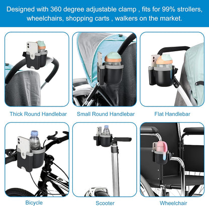 Stroller Cup Holder with Phone Holder, Bike Cup Holder, Universal Cup Holder for Uppababy Nuna Strollers, 2-in-1 Drinks Holder for Walker, Wheelchair, Scooter - Colors B