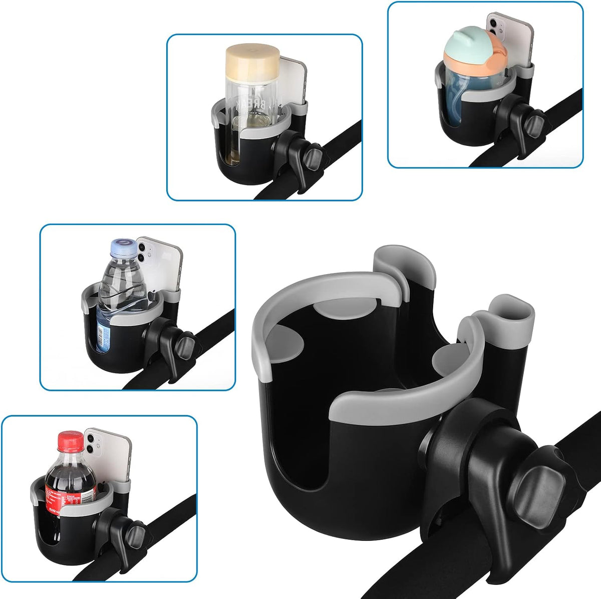 Stroller Cup Holder with Phone Holder, Bike Cup Holder, Universal Cup Holder for Uppababy Nuna Strollers, 2-in-1 Drinks Holder for Walker, Wheelchair, Scooter - Colors B