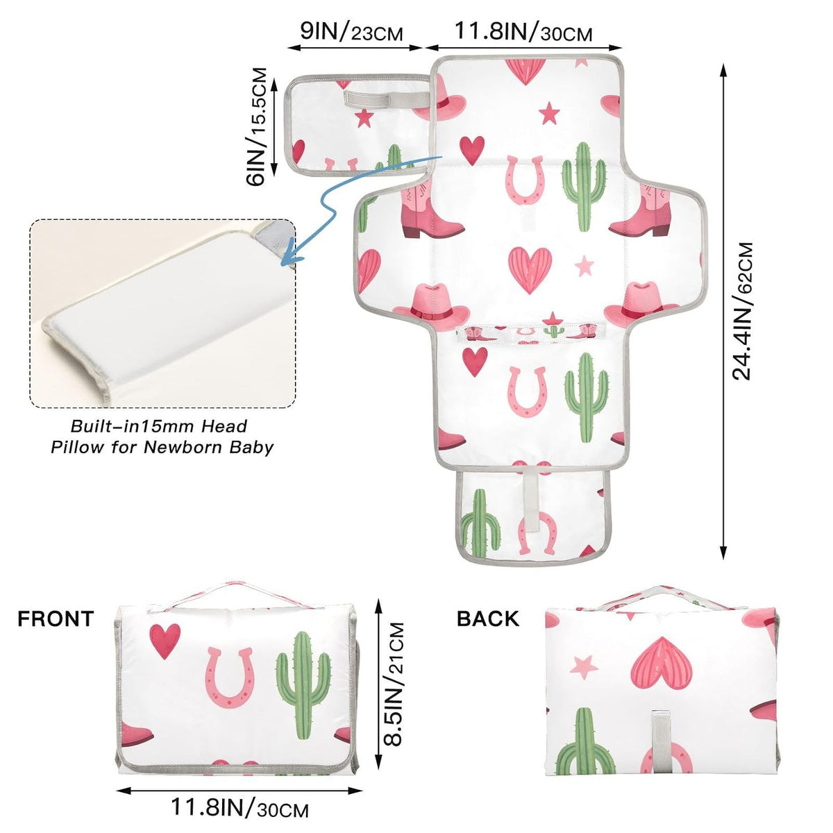 Cowgirl Boots Portable Diaper Changing Pad, Waterproof Baby Changing Mat with Storage Pocket & Built-in Pillow, Foldable Travel Pad, Newborn Gift Set for Boy Girl