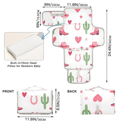 Cowgirl Boots Portable Diaper Changing Pad, Waterproof Baby Changing Mat with Storage Pocket & Built-in Pillow, Foldable Travel Pad, Newborn Gift Set for Boy Girl
