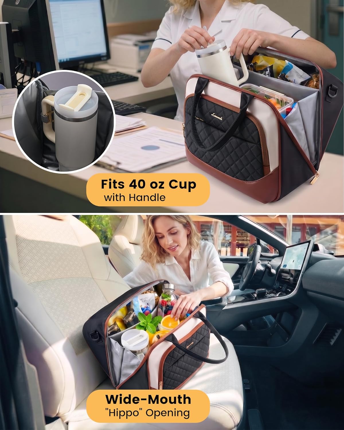 Insulated Lunch Bag for Women,Large Lunch Box Cooler Tote with Anti-Shifting Triangular Lid,Fixing Buckle for 40oz Tumbler,Wide Opening No-Spill Meal Carrier for Work Nurse Teacher Car Trip