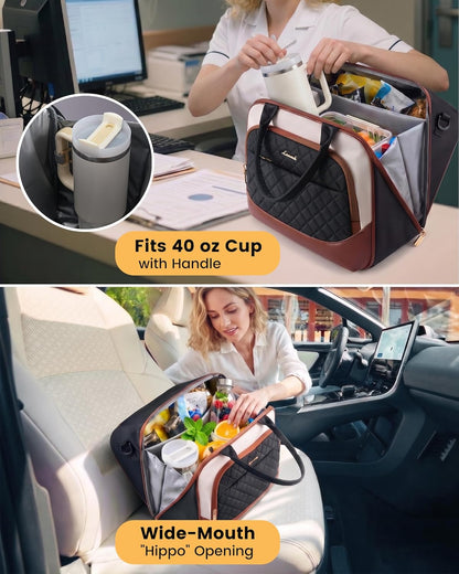 Insulated Lunch Bag for Women,Large Lunch Box Cooler Tote with Anti-Shifting Triangular Lid,Fixing Buckle for 40oz Tumbler,Wide Opening No-Spill Meal Carrier for Work Nurse Teacher Car Trip