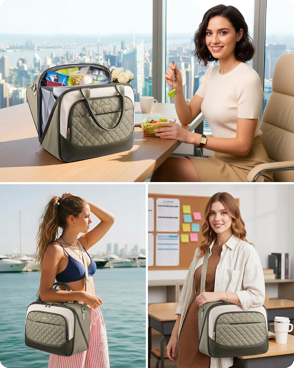 Insulated Lunch Bag for Women,Large Lunch Box Cooler Tote with Anti-Shifting Triangular Lid,Fixing Buckle for 40oz Tumbler,Wide Opening No-Spill Meal Carrier for Work Nurse Teacher Car Trip