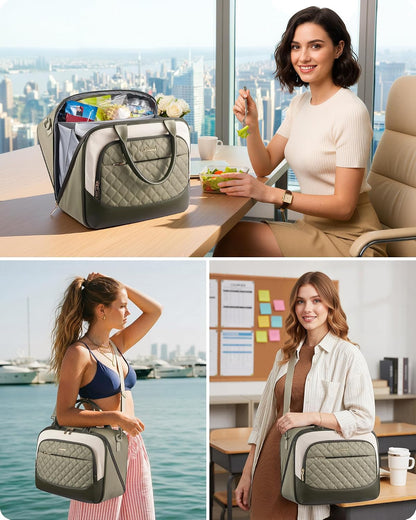 Insulated Lunch Bag for Women,Large Lunch Box Cooler Tote with Anti-Shifting Triangular Lid,Fixing Buckle for 40oz Tumbler,Wide Opening No-Spill Meal Carrier for Work Nurse Teacher Car Trip