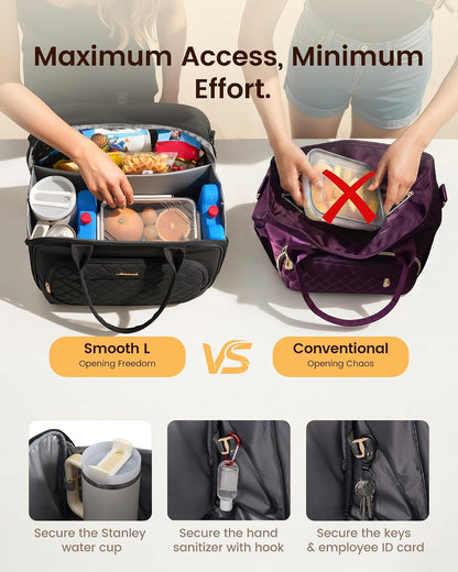 Insulated Lunch Bag for Women,Large Lunch Box Cooler Tote with Anti-Shifting Triangular Lid,Fixing Buckle for 40oz Tumbler,Wide Opening No-Spill Meal Carrier for Work Nurse Teacher Car Trip