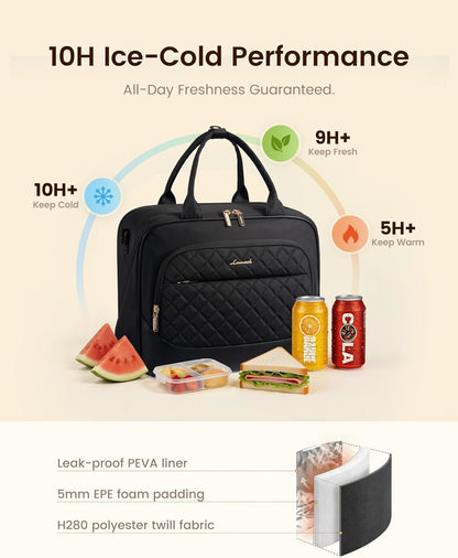 Insulated Lunch Bag for Women,Large Lunch Box Cooler Tote with Anti-Shifting Triangular Lid,Fixing Buckle for 40oz Tumbler,Wide Opening No-Spill Meal Carrier for Work Nurse Teacher Car Trip