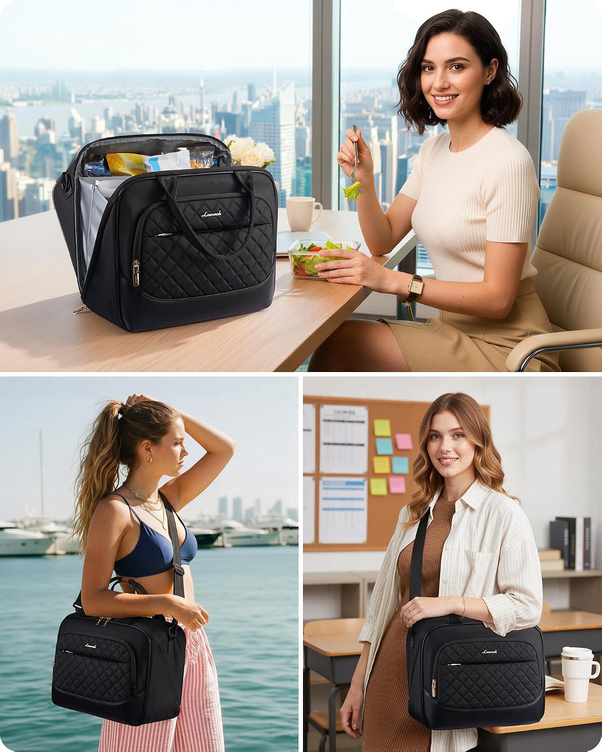 Insulated Lunch Bag for Women,Large Lunch Box Cooler Tote with Anti-Shifting Triangular Lid,Fixing Buckle for 40oz Tumbler,Wide Opening No-Spill Meal Carrier for Work Nurse Teacher Car Trip