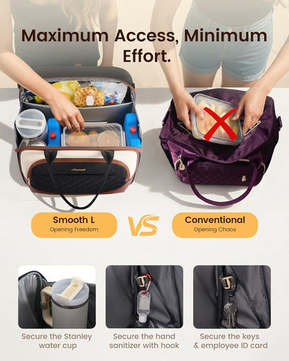 Insulated Lunch Bag for Women,Large Lunch Box Cooler Tote with Anti-Shifting Triangular Lid,Fixing Buckle for 40oz Tumbler,Wide Opening No-Spill Meal Carrier for Work Nurse Teacher Car Trip