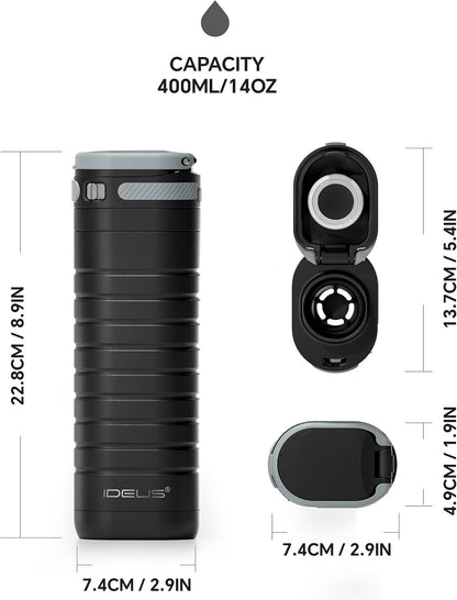Insulated Stainless Steel Water Bottle 14 oz Lockable Lid & Leakproof Travel Coffee Mug for Hot/Cold Beverages Fits Most Cup Holder (Black)