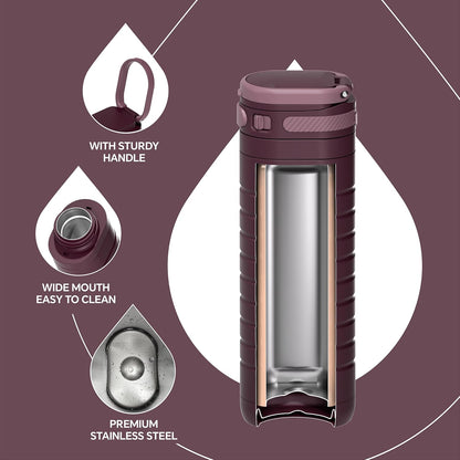 Insulated Stainless Steel Water Bottle 14 oz Lockable Lid & Leakproof Travel Coffee Mug for Hot/Cold Beverages Fits Most Cup Holder (Black)