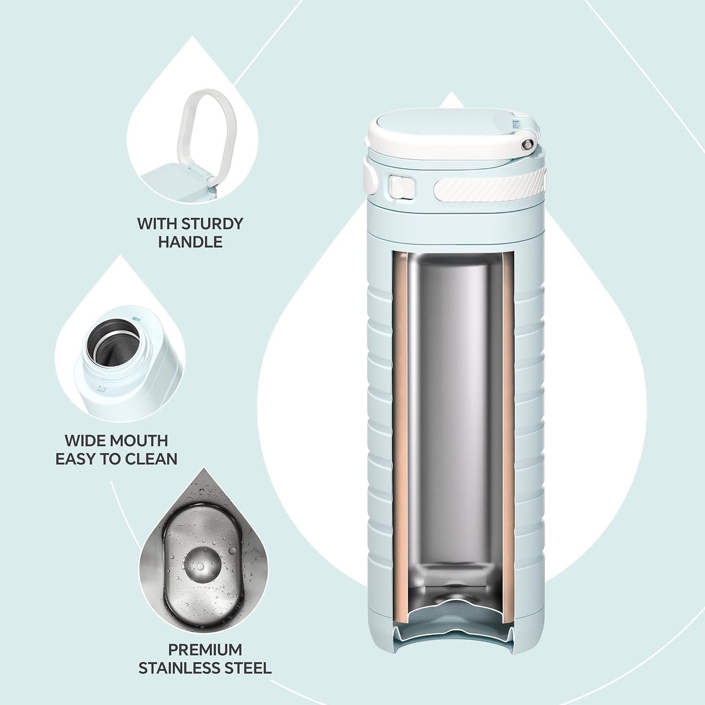 Insulated Stainless Steel Water Bottle 14 oz Lockable Lid & Leakproof Travel Coffee Mug for Hot/Cold Beverages Fits Most Cup Holder (Black)