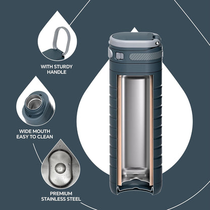 Insulated Stainless Steel Water Bottle 14 oz Lockable Lid & Leakproof Travel Coffee Mug for Hot/Cold Beverages Fits Most Cup Holder (Black)