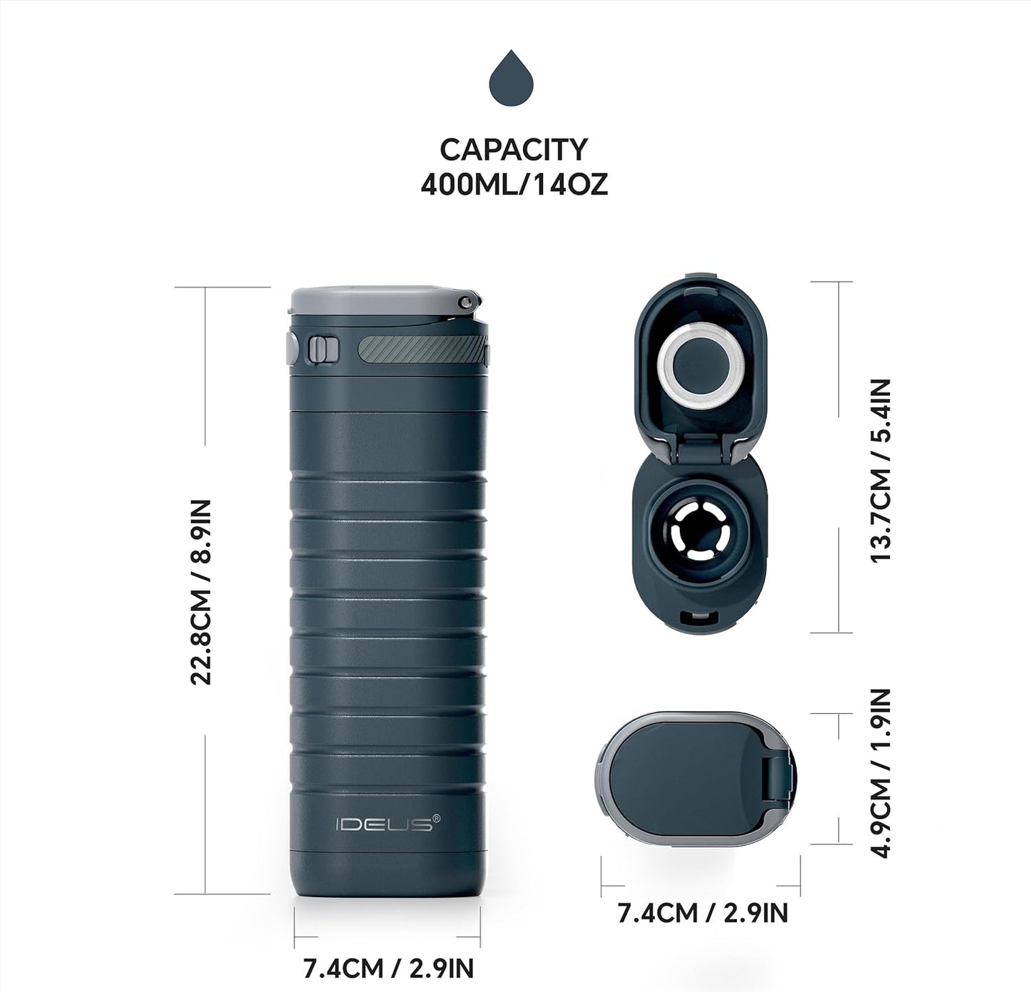 Insulated Stainless Steel Water Bottle 14 oz Lockable Lid & Leakproof Travel Coffee Mug for Hot/Cold Beverages Fits Most Cup Holder (Black)