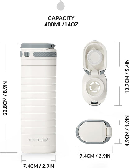 Insulated Stainless Steel Water Bottle 14 oz Lockable Lid & Leakproof Travel Coffee Mug for Hot/Cold Beverages Fits Most Cup Holder (Black)