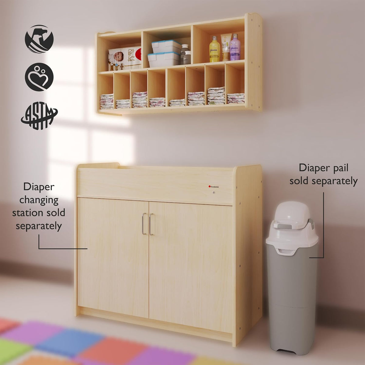 Foundations Wall-Mounted Diaper Organizer for Daycares, Natural