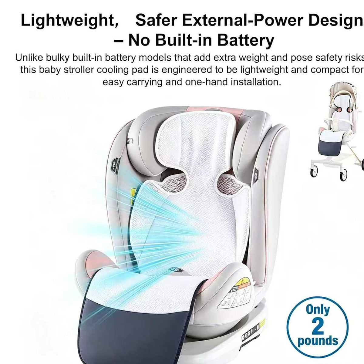 Baby Stroller Cooling Pad 2-in-1 Blow & Suction, Car Seat Cooling Pad with Fan, Lightweight Breathable Washable Liner, 3-Speed USB Powered Cooling Mat for Toddler, Summer Road Trip Essentials (Gray)