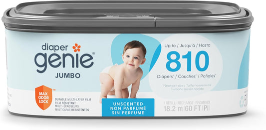 Jumbo Square Refill, with continuous film, can hold up to 810 newborn-sized diapers per refill.