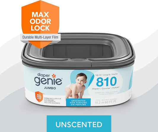 Jumbo Square Refill, with continuous film, can hold up to 810 newborn-sized diapers per refill.