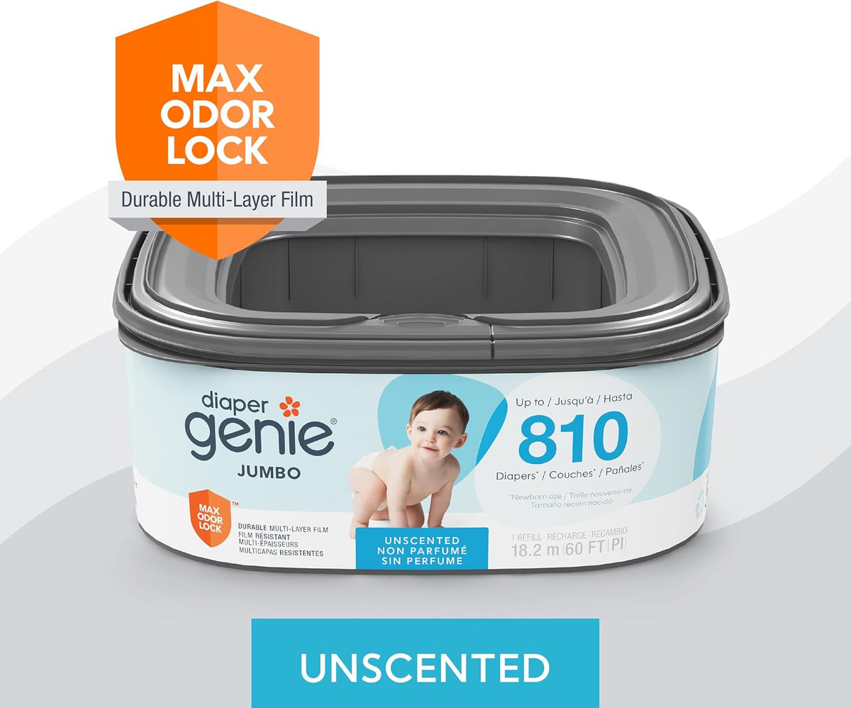 Jumbo Square Refill, with continuous film, can hold up to 810 newborn-sized diapers per refill.