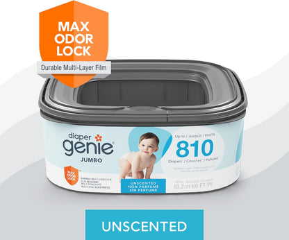 Jumbo Square Refill, with continuous film, can hold up to 810 newborn-sized diapers per refill.