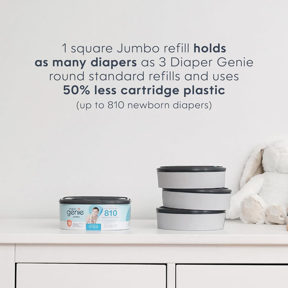 Jumbo Square Refill, with continuous film, can hold up to 810 newborn-sized diapers per refill.