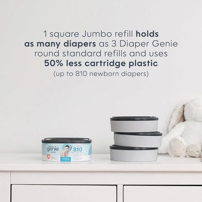 Jumbo Square Refill, with continuous film, can hold up to 810 newborn-sized diapers per refill.