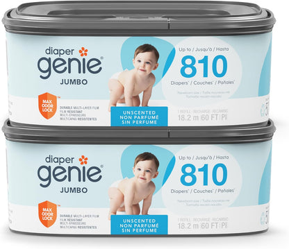 Jumbo Square Refill, with continuous film, can hold up to 810 newborn-sized diapers per refill.