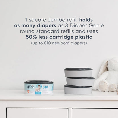 Jumbo Square Refill, with continuous film, can hold up to 810 newborn-sized diapers per refill.