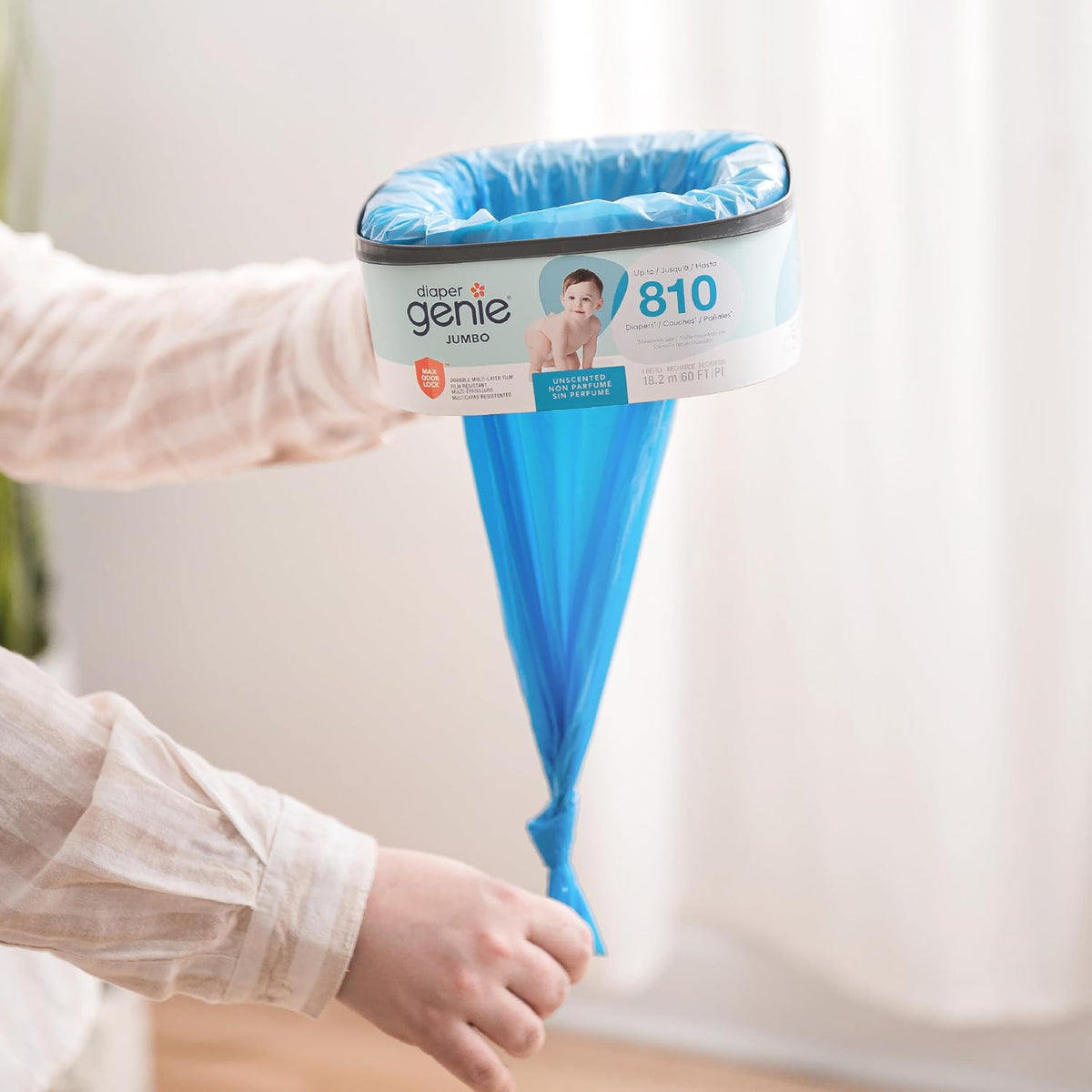 Jumbo Square Refill, with continuous film, can hold up to 810 newborn-sized diapers per refill.