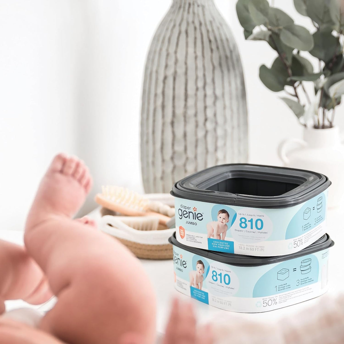 Jumbo Square Refill, with continuous film, can hold up to 810 newborn-sized diapers per refill.