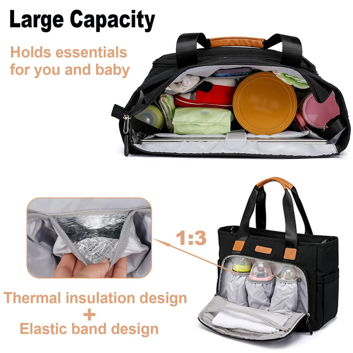 Diaper Bag Tote for Women, Baby Diaper Bag 16L (Black)