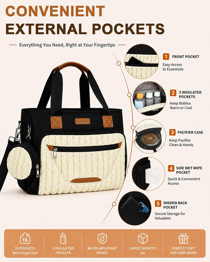Diaper Bag Tote for Women, Baby Diaper Bag 16L (Black)