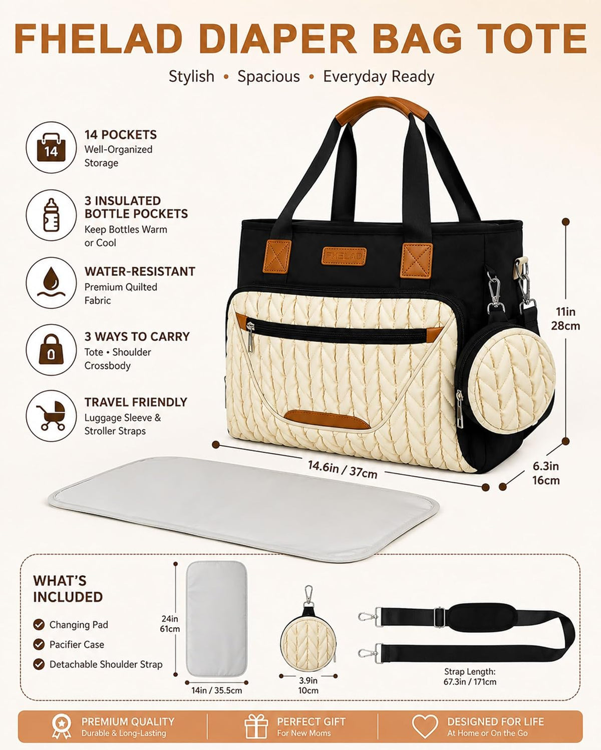 Diaper Bag Tote for Women, Baby Diaper Bag 16L (Black)