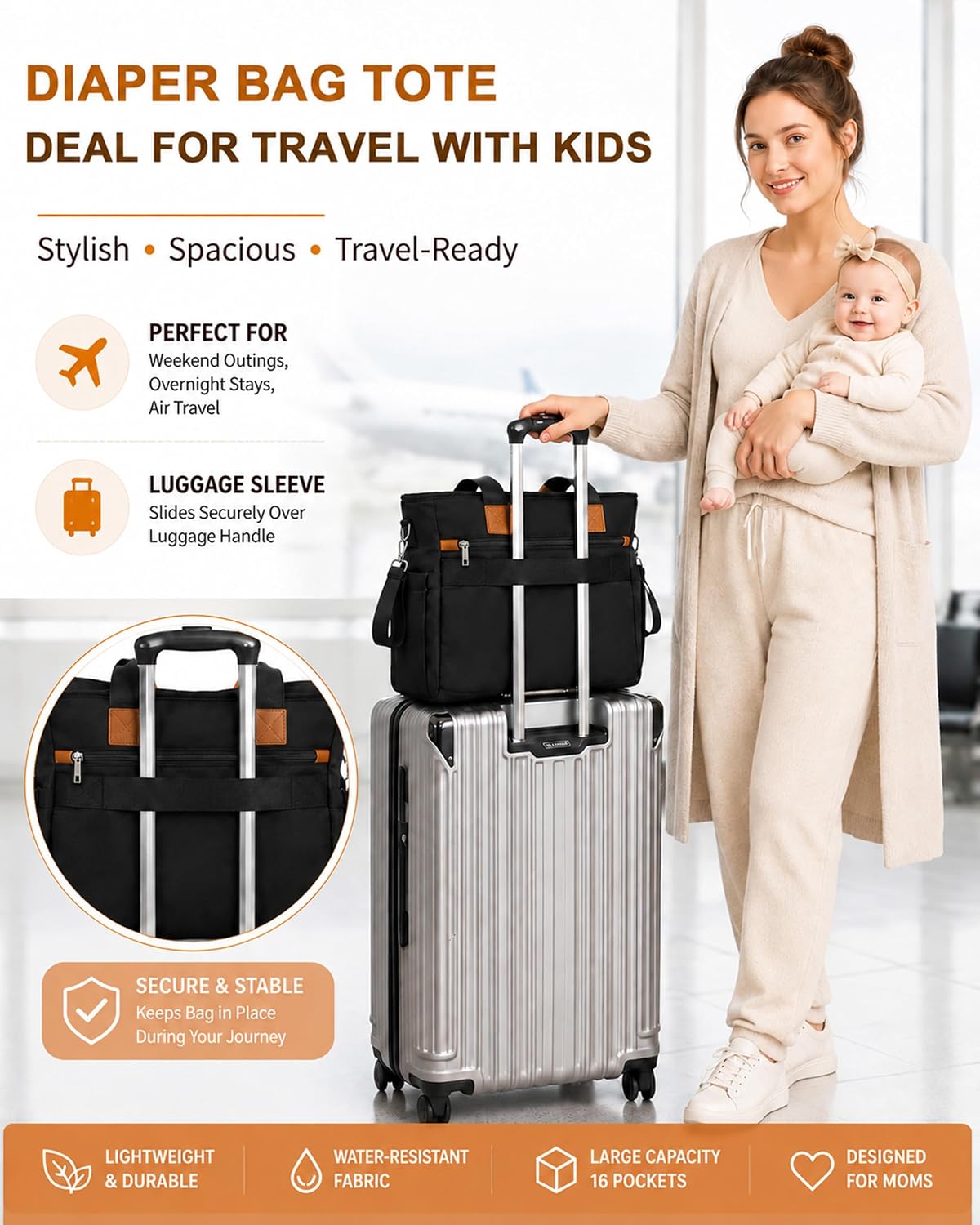 Diaper Bag Tote for Women, Baby Diaper Bag 16L (Black)