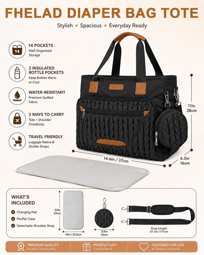 Diaper Bag Tote for Women, Baby Diaper Bag 16L (Black)