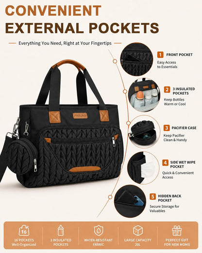 Diaper Bag Tote for Women, Baby Diaper Bag 16L (Black)