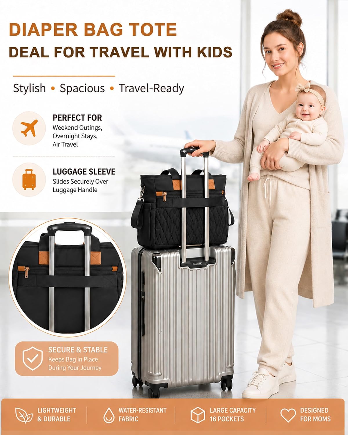 Diaper Bag Tote for Women, Baby Diaper Bag 16L (Black)