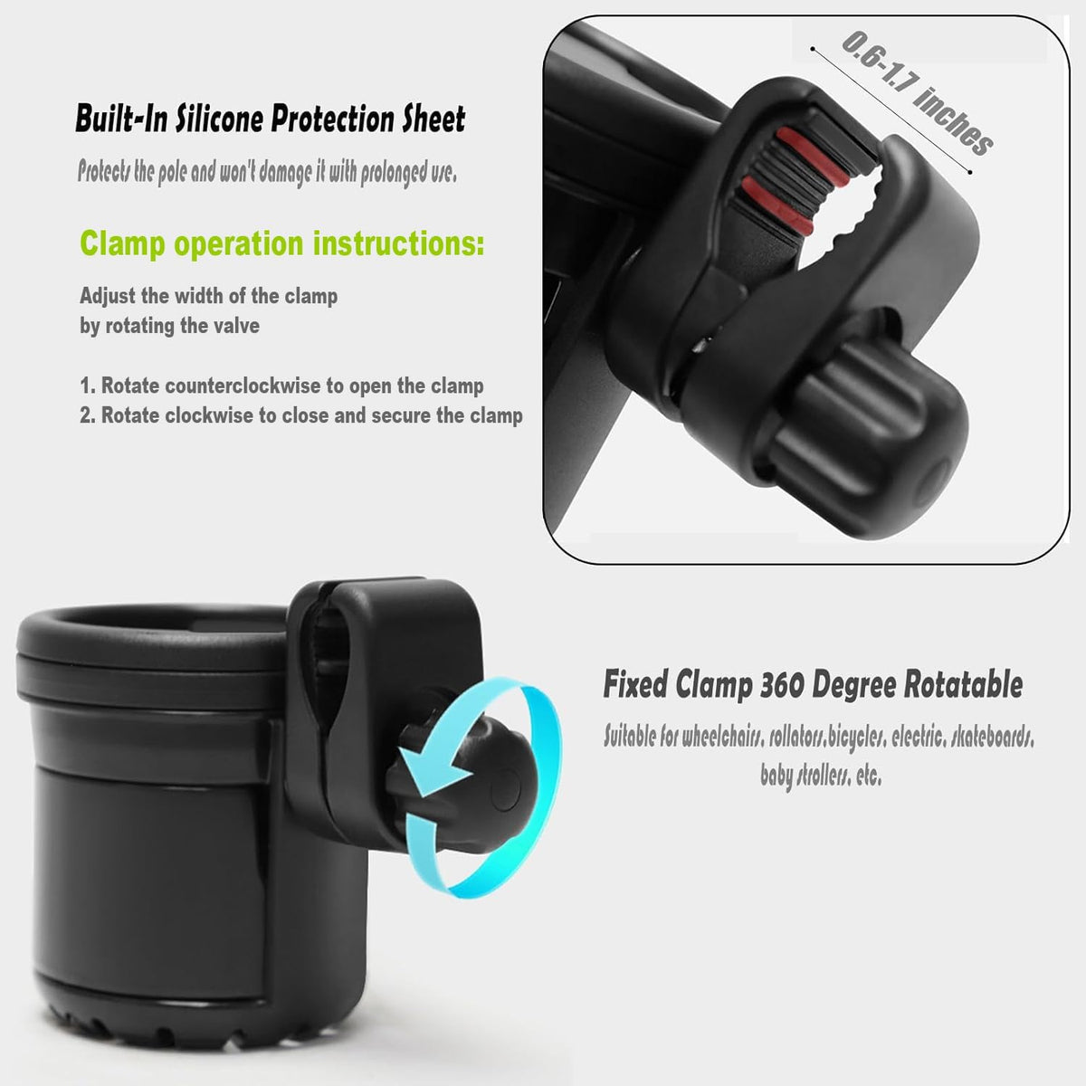 Mobility Combo Pack 3 in 1, Hook, Phone and Cup Holder for Walker, Portable Beverage Holder for Wheelchair and Strollers