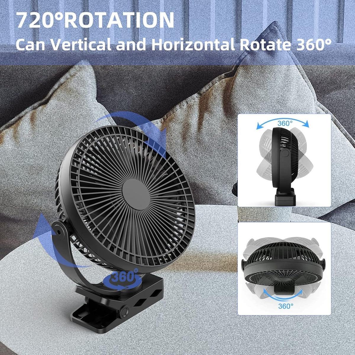 Portable Stroller Fan, Baby Stroller Fan, 5000mAh Battery Powered Fan, Portable Fan for Stroller, Desk, Travel, Car