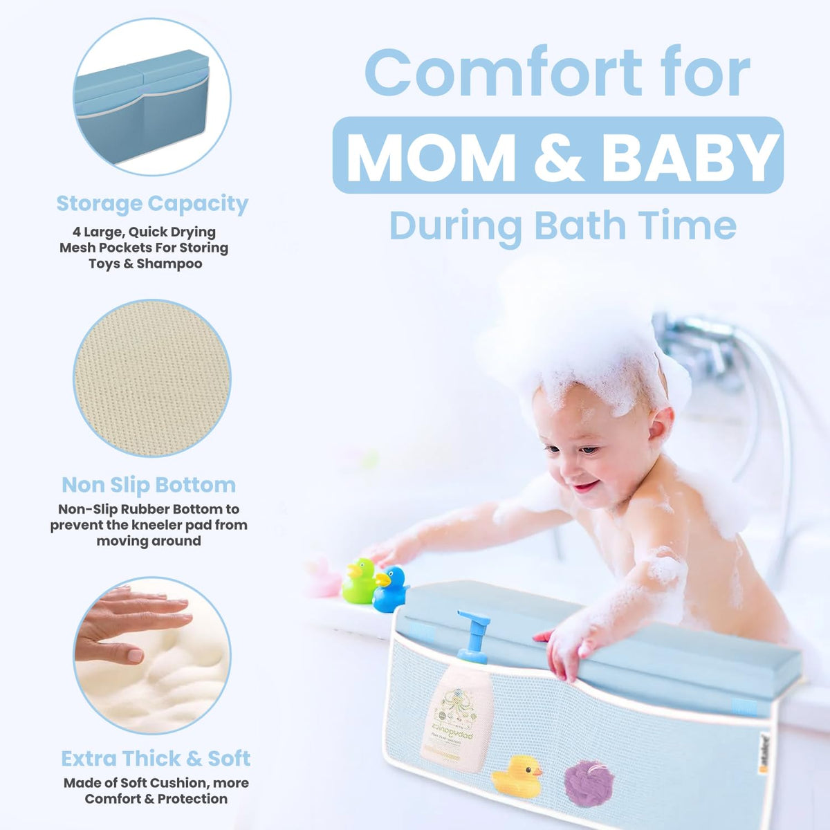 Bath Kneeler and Elbow Rest Pad Set - Baby Bath Kneeler, Bathtub Kneeling Pad, Kneeling Pad for Bathing Baby, Knee & Elbow Saver with 4 Toy Organizer Pockets, Large 22 × 13 in, Gray