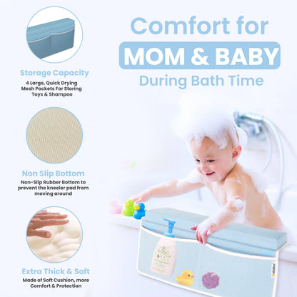 Bath Kneeler and Elbow Rest Pad Set - Baby Bath Kneeler, Bathtub Kneeling Pad, Kneeling Pad for Bathing Baby, Knee & Elbow Saver with 4 Toy Organizer Pockets, Large 22 × 13 in, Gray