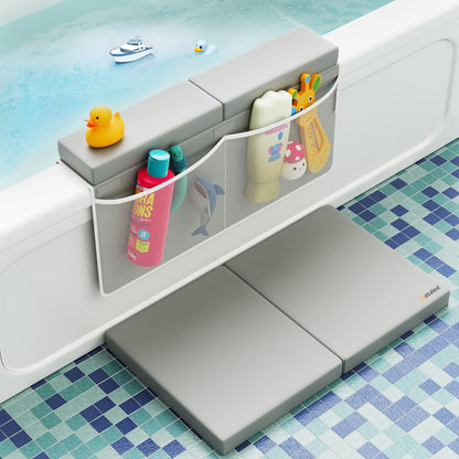 Bath Kneeler and Elbow Rest Pad Set - Baby Bath Kneeler, Bathtub Kneeling Pad, Kneeling Pad for Bathing Baby, Knee & Elbow Saver with 4 Toy Organizer Pockets, Large 22 × 13 in, Gray