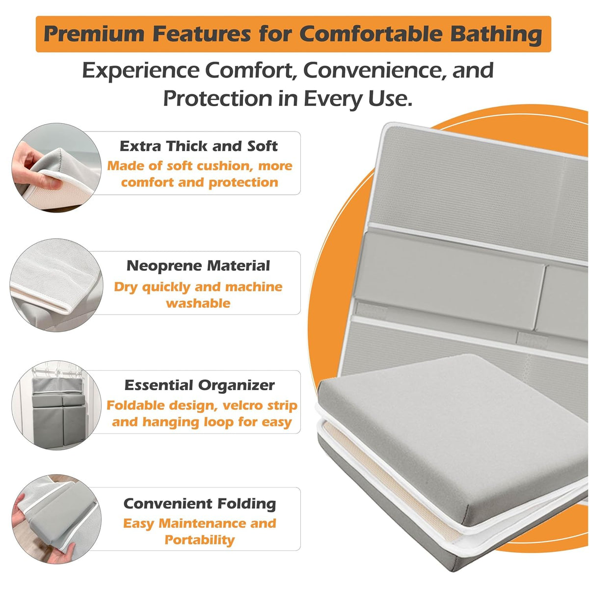 Bath Kneeler and Elbow Rest Pad Set - Baby Bath Kneeler, Bathtub Kneeling Pad, Kneeling Pad for Bathing Baby, Knee & Elbow Saver with 4 Toy Organizer Pockets, Large 22 × 13 in, Gray