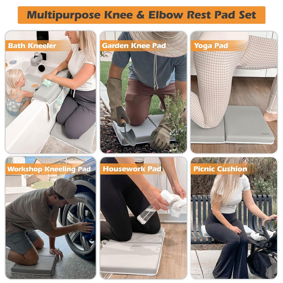 Bath Kneeler and Elbow Rest Pad Set - Baby Bath Kneeler, Bathtub Kneeling Pad, Kneeling Pad for Bathing Baby, Knee & Elbow Saver with 4 Toy Organizer Pockets, Large 22 × 13 in, Gray